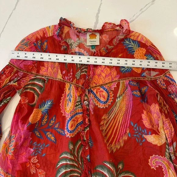 FARM Rio Mystic Bush Ruffled Blouse Floral Bird Print Button Front Ruffled Red M - Picture 12 of 16